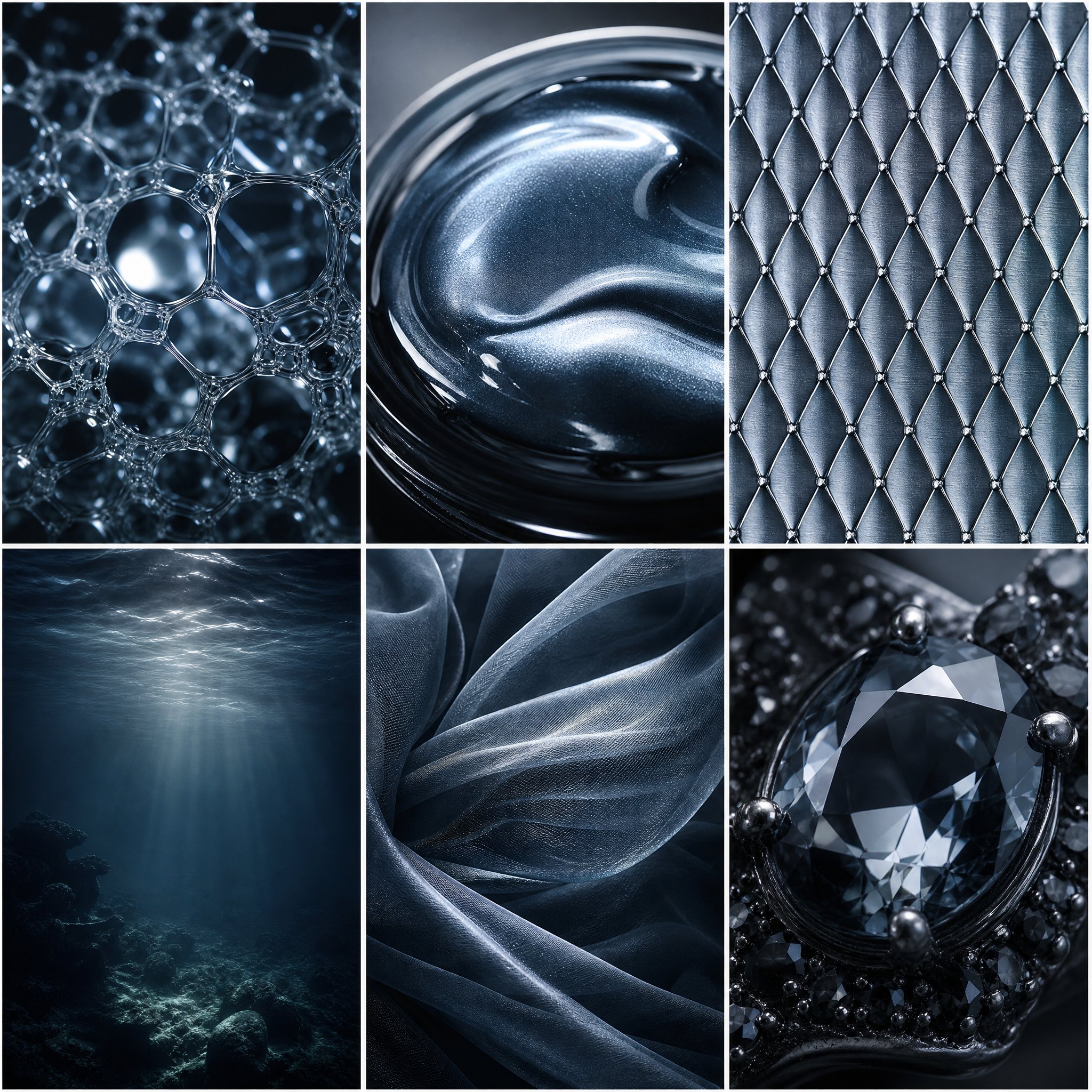 Megalodon inspiration board: liquid structure, metallic lacquer, quilted metal mesh, deep water, steel-blue organza, and a smoky gemstone