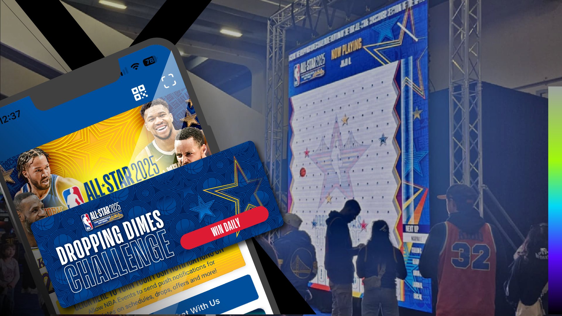 The Dropping Dimes Challenge: a giant digital Plinko game wall at an NBA Experiences event