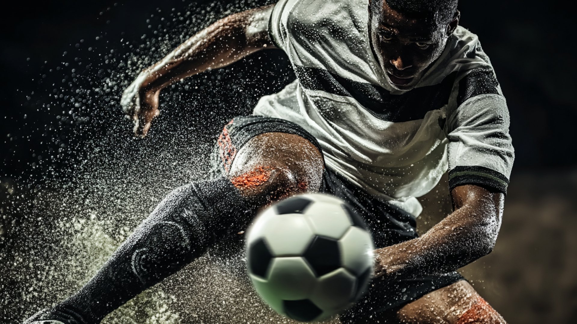 AI-directed sports still: football player charging in the rain