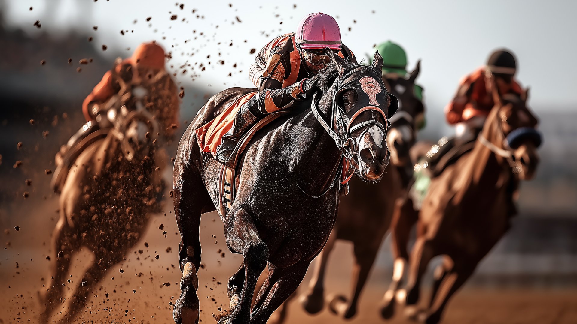 AI-directed sports still: thoroughbred horse racing at full gallop