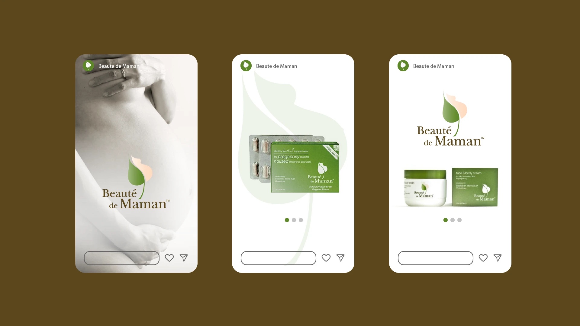 Beauté de Maman social posts: brand photography, nausea supplement and face and body cream