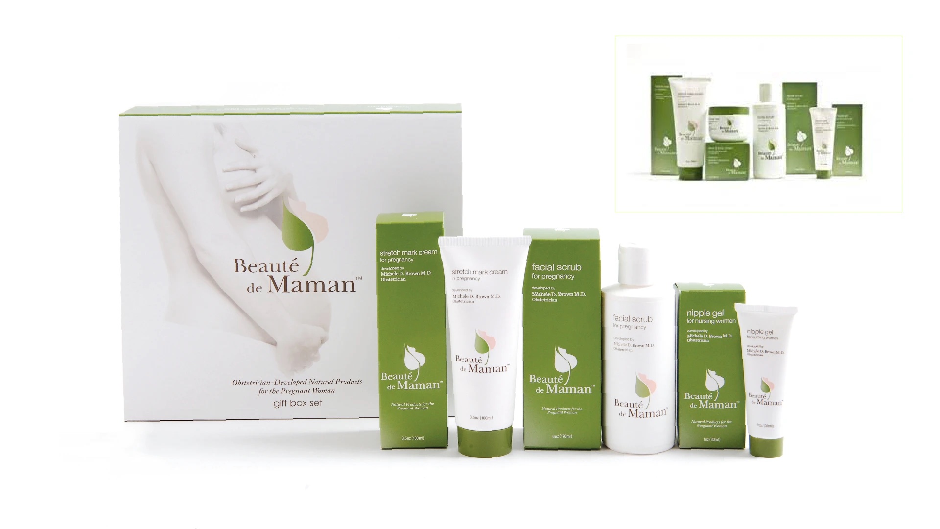 Gift box set with stretch mark cream, facial scrub and nipple gel