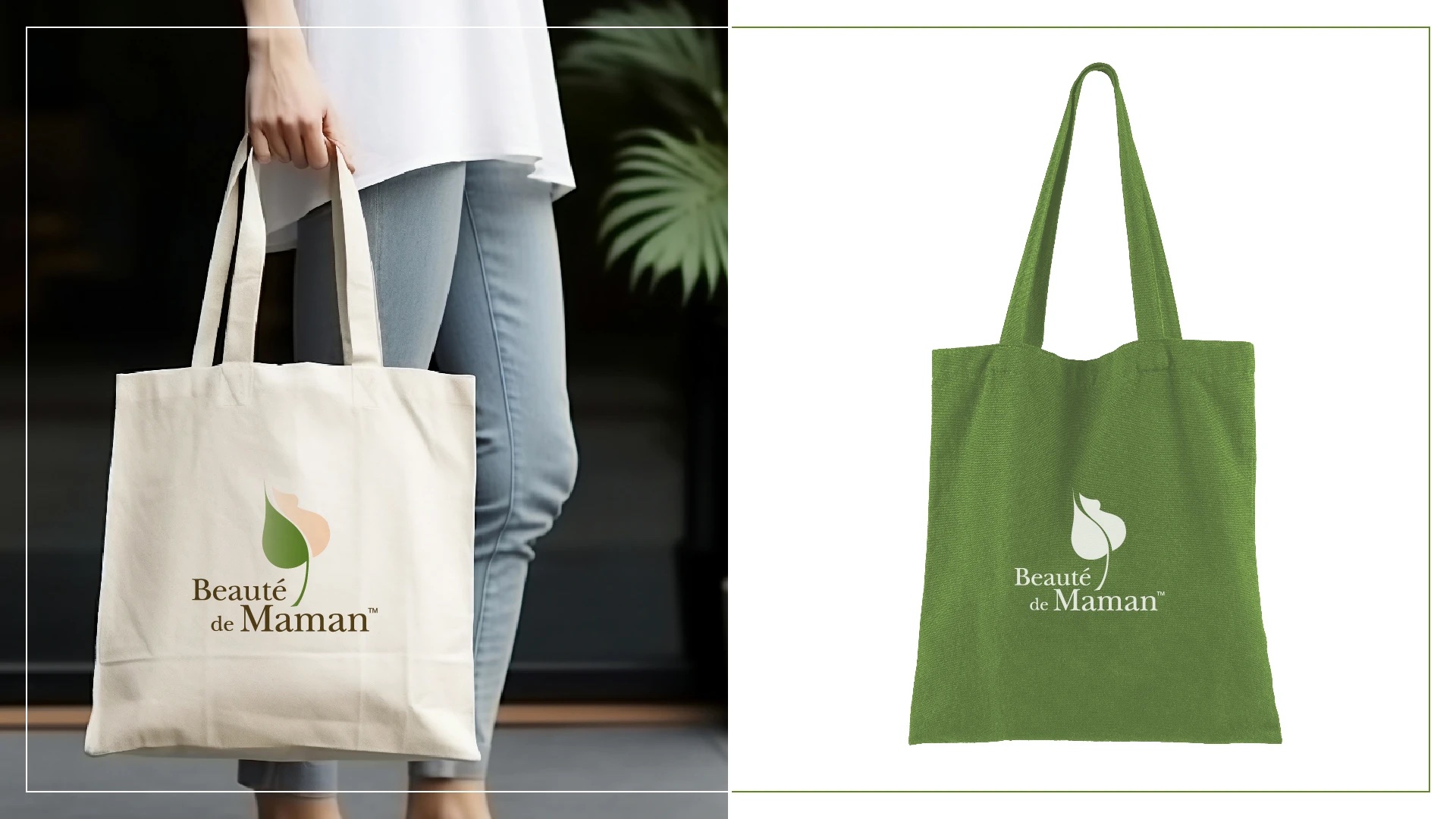 Natural canvas and green tote bags