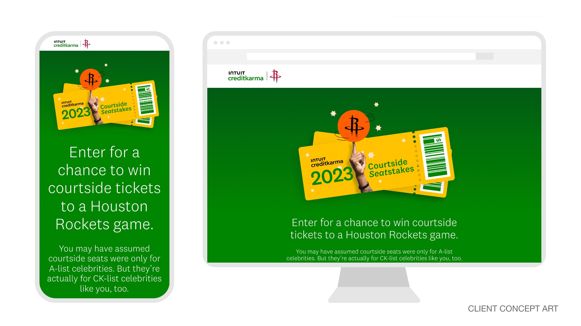 Credit Karma Courtside Seatstakes sweepstakes microsite on mobile and desktop, Houston Rockets promotion