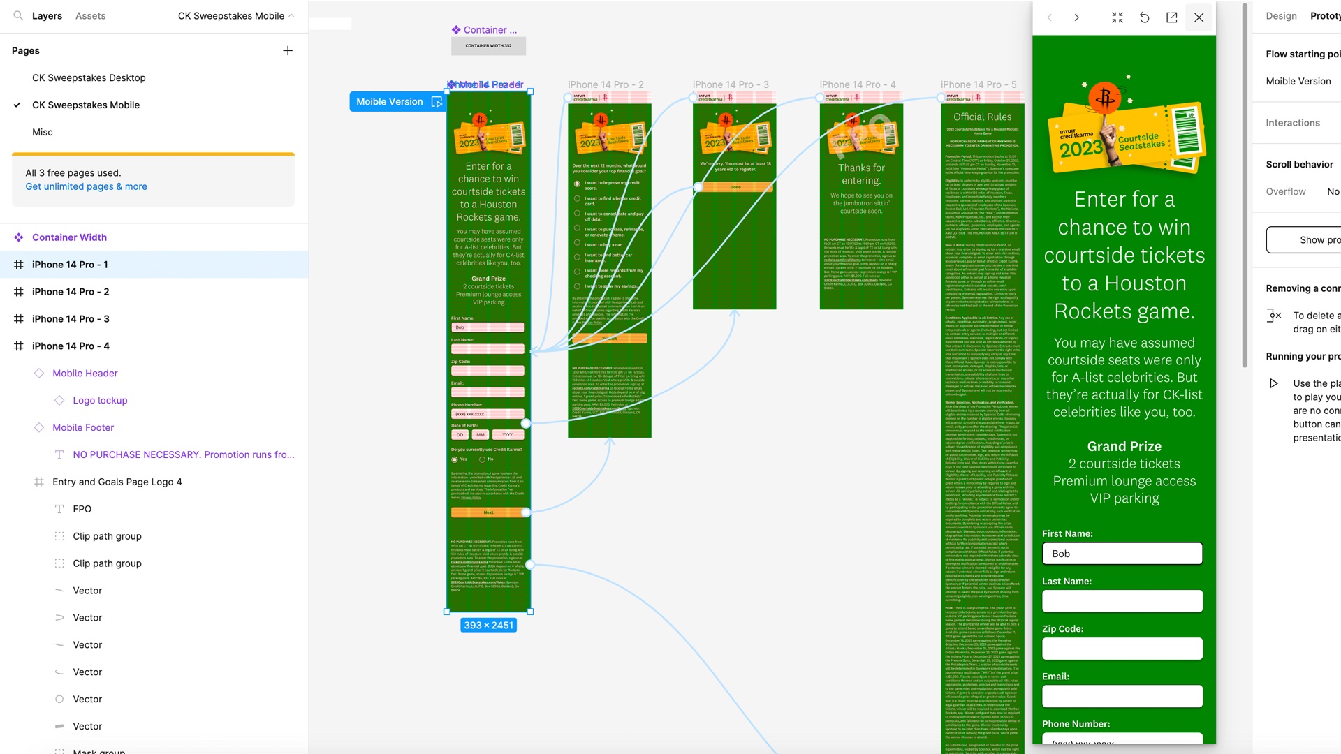 Figma prototype of the mobile registration flow: entry form, goals survey, age check, thank-you and official rules screens