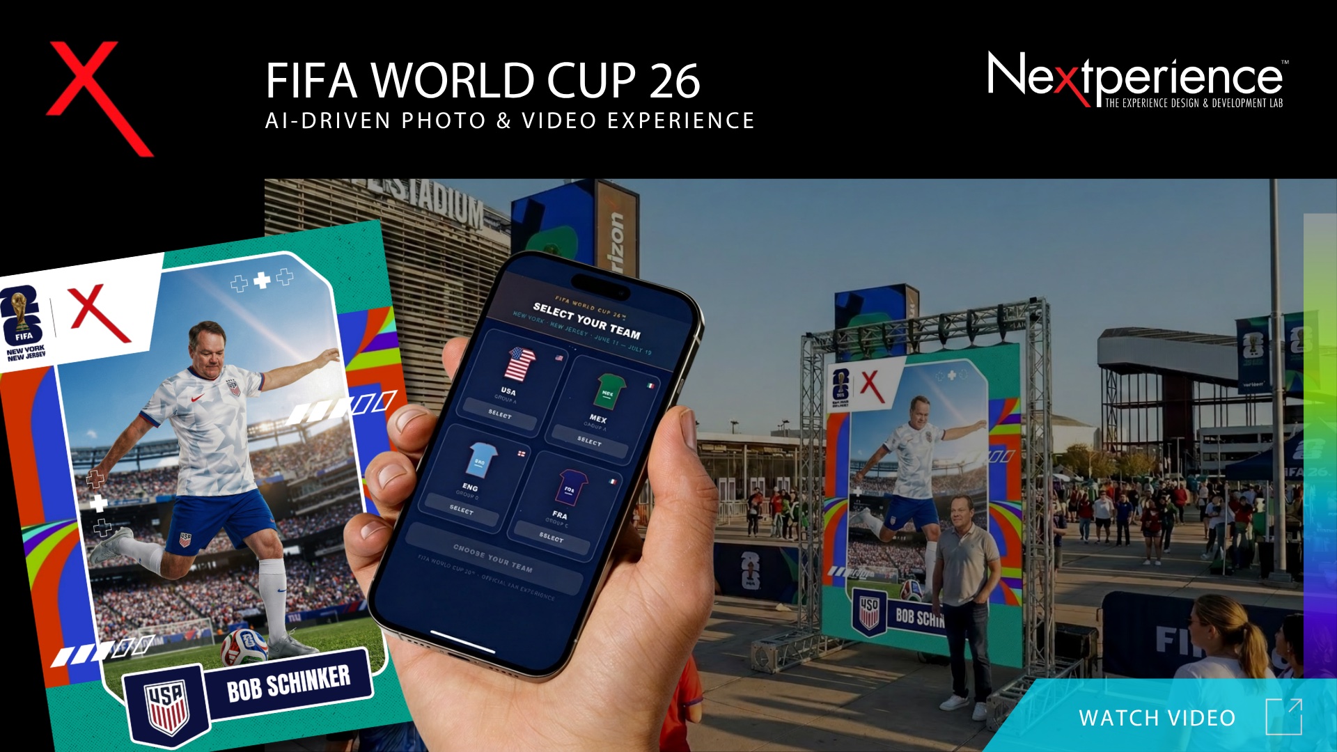 FIFA World Cup 26 AI-driven photo and video experience: a fan selects a national team on their phone outside the stadium