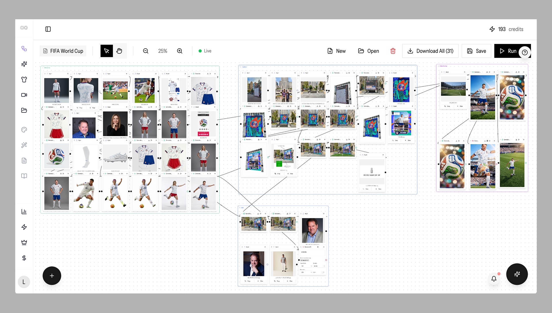 AI workflow canvas generating national team portraits and action video