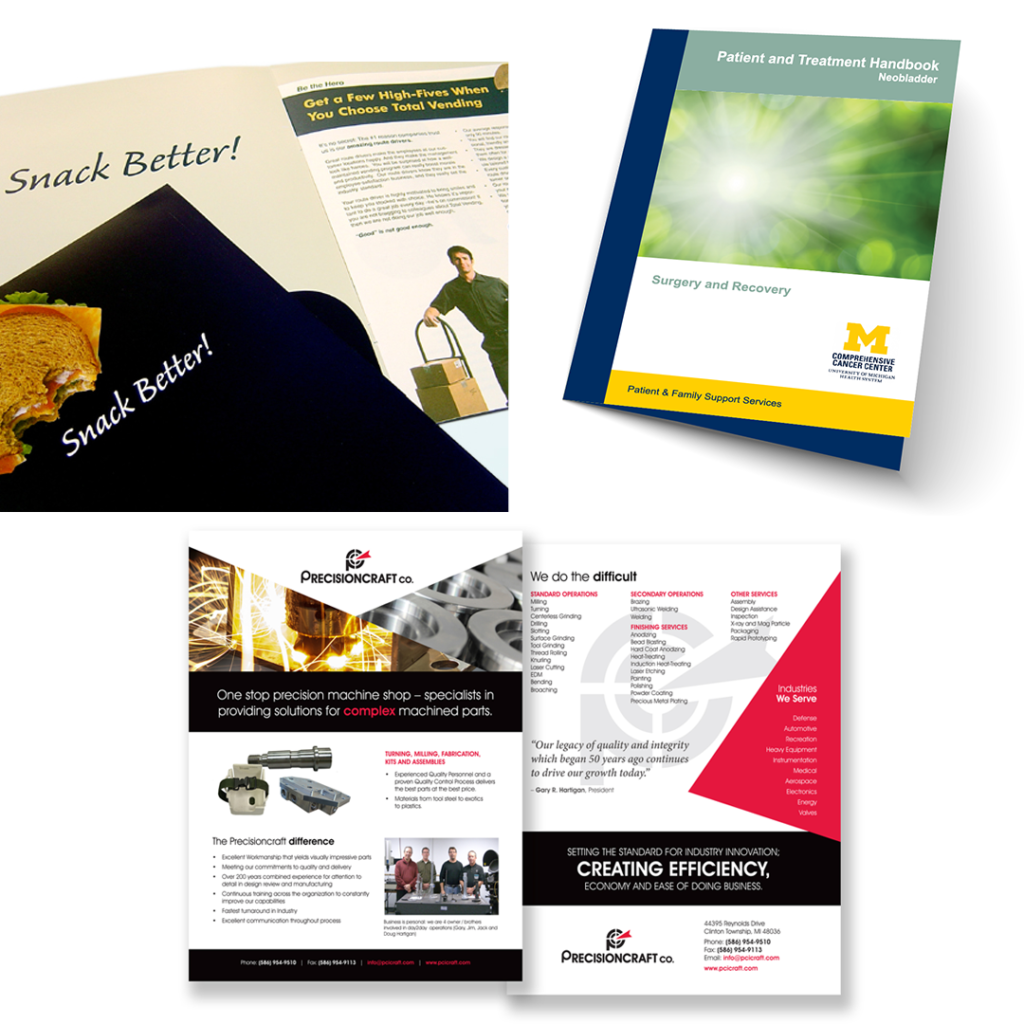 everyday design work: brochures, pocket folders, flyers, ads, sell sheets, postcards